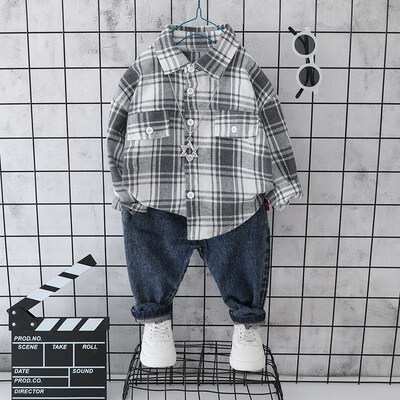 

Children Summer Cartoon Plaid Printed Long Sleeve T-shirt Lapel Casual TopsDenim Pants