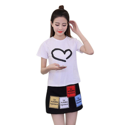 

Two Piece Set Print Heart Red women Top And Skirt Set Summer T-shirt Appliques A-Line Skirt Mini Beach Vacation Women Sets