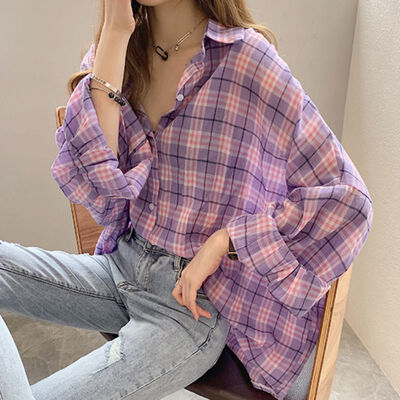 

Spring Autumn Streetwear Chic Blouse Shirts Women Casual Loose Batwing Sleeve Vintage Plaid Shirt Female Preppy Style Loose Tops
