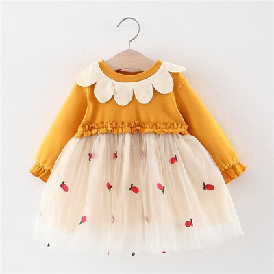 

Autumn Casual Baby Girls Clothes Dress 0-4T Long Sleeve Pneapple Pattern Patchwork Mesh Dress Kids Dresses