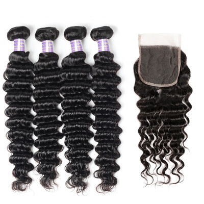 

Brazilian Remy Human Hair Weave Deep Wave Hair 4pcs Bundles with Lace Closure Virgin Cheap Extensions