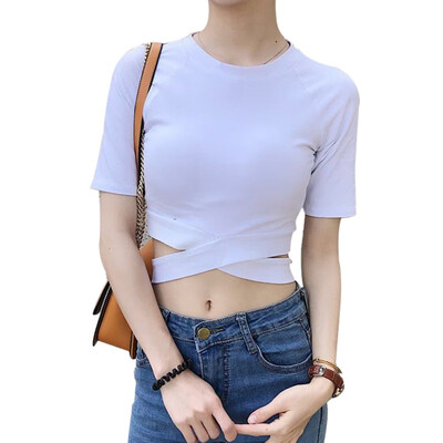 

Summer Tops Women Fashion O Neck Bandage Cross T Shirts Korean Female Slim Casual Crop Tops Women Solid T Shirt