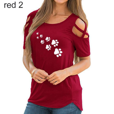 

Summer Casual Paw Print Cross Off Shoulder Short Sleeve O-Neck Women T-Shirt Top