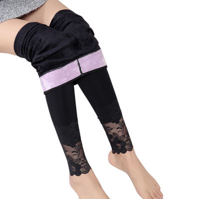 

Women Lace stitching Solid Color Pants High Stretch Plus Velvet Leggings Pantyhose Autumn Winter Black lingerie clothes