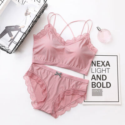 

2019 New Sexy Cross Back Bra Set Lace Side Beauty Back Anti-light Casual Bra Wireless Soft Bralette&Lace Side Brief