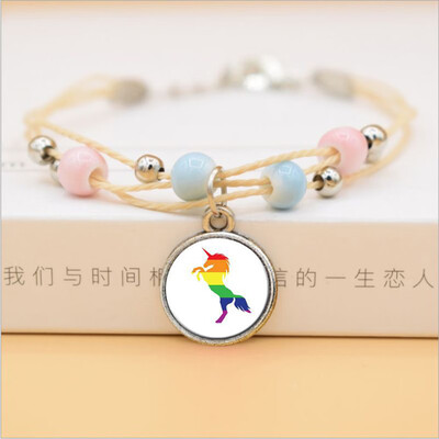 

Women Men Bead Unicorn Gay Pride Rainbow Ceramics Pendent Bracelet Jewelry