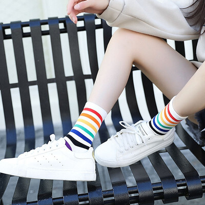 

Rainbow Stripes Print Breathable Socks Autumn Men Women Elastic Athletic Funny Ankle Socks