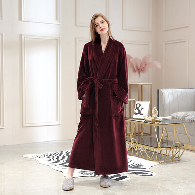 

Autumn Winter Robe Solid Color Lace-up Flannel Couple Nightgown Pocket Long Home Robe