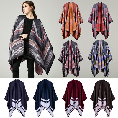 

Women Poncho Scarf Cardigan Sweater Geometrical Striped Warm Cape Shawl Long Scarves Pashmina Outwear