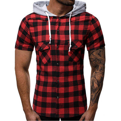 

Toponeto Fashion Mens Summer Hooded Pocket Short Sleeve Plaid T-shirt Top Vest Blouse