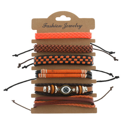 

New Mode Casual Style Hip Hop Punk Rock 6 Strands Cowhide Leather Waxed Nylon Cord Wrap Bracelet Set Manually Adjustable