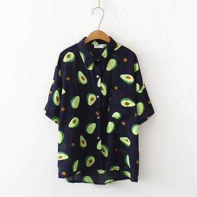 

2019 Korean Summer Women Blouses Fruit Print Shirts Short Sleeve Turn Down Collar Women Shirt Couple Casual Loose Blouse Blusas