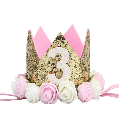 

Baby Boy Girl Birthday Party Hat Headwear Elastic Headband Glitter Number Flowers Crown