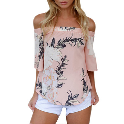 

New arrival Women Shirt Off The Shoulder Flowers Printed Blouses Short Sleeve Casual Beach BlouseNew