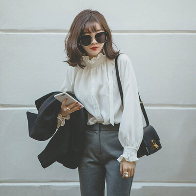 

Womens Vintage Blouses Lady Loose Long Petal Sleeve White Shirts Tops Stylish Ruffles Stand Collar Solid Blouses