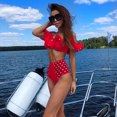 

Women Two Piece Off Shoulder Ruffled Flounce Crop Bikini Top With High Waist Cut Out Mesh Bottoms