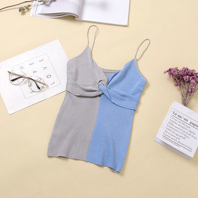 

Women Deep V Neck Vest Color Matching Knitting Camisole Elastic Tight-fitting Sleeveless Female Vests Sexy Ladies Tank Top