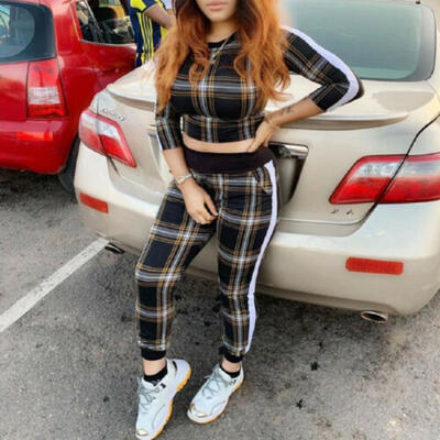 

2 Pcs Womens Outfits Plaid Floral Cropped TopsPants Bodycon Jumpsuit Sets