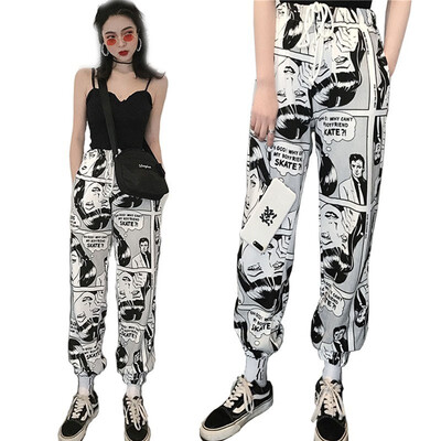 

Cartoon Print Drawstring Pants Elastic Waist Hip Hop Long Pants Women Harajuku High Waist New Fashion Casual Trousers