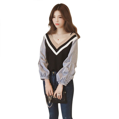 

striped v collar lantern long sleeves blouse sexy patchwork shirts casual cotton blouse fashion women blusas spring autumn