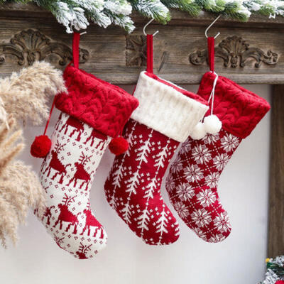 

Christmas Stockings Wool Socks Red White Elk Gift Bag Jewelry Knitting Bag Kids