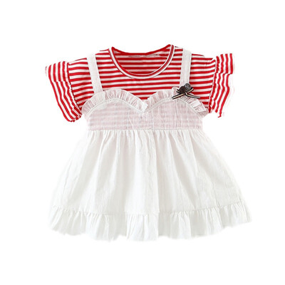 

Children Summer Girls Petal Sleeve Dress Cute Striped Print Fake Two Piece Bottoming Short Sleeved Sweet Princess Dress