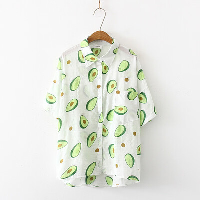 

Korean Summer Women Blouses Fruit Print Shirts Short Sleeve Turn Down Collar Women Shirt Couple Casual Loose Blouse Blusas