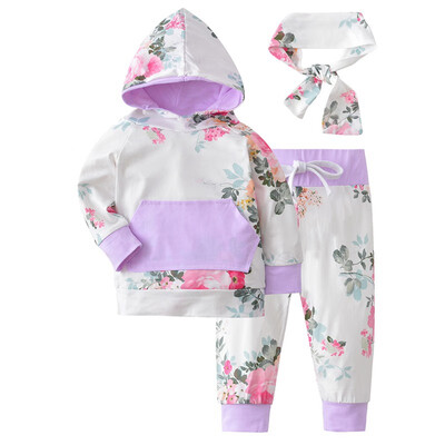 

Babys Set Girls Long Sleeve Lovely Floral Hooded Sweatshirt Cotton CoatPantHeadband Toddler Outfits Set for Baby Girls