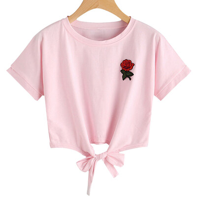 

Fashion Summer Women Rose Embroidery T Shirt O Neck Short Sleeve Bandage Tee Top