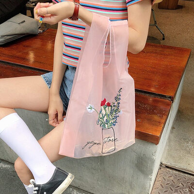 

New Solid Color Totes Light Mesh Handbag Rose Embroidery Portable Shopping Bag Elegant Girl Tote Bag