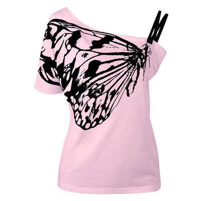 

Women Butterfly Print Summer Sling Off Shoulder Tunic Top Short Sleeve T-Shirt