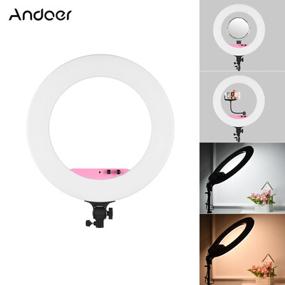 

Andoer 18inch LED Video Ring Light Fill-in Lamp Studio Photography Lighting 80W Dimmable 3200K-5800K Bi-color with Mirror Phone