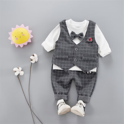 

New Autumn Baby Boy Long Sleeve Gentleman Soft Cotton T-Shirt TopsPlaid VestLong Pants Trousers Toddler Outfits