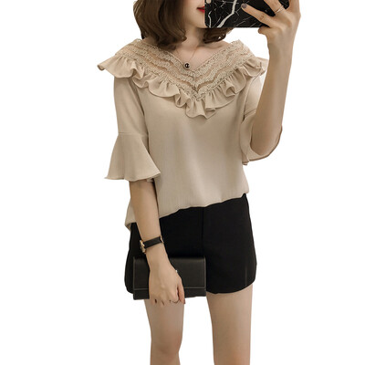

EFINNY Chiffon Blouses Horn Sleeve Shirts Womens Lace Tops Shirts Plus Size  Women Clothing Korean Blusas Female