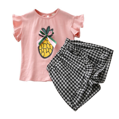 

Summer Kids Clothing Set Baby Girl Print Short Sleeve T-Shirt Bow Neckline Stripe Shorts Skirt Two-piece Childr