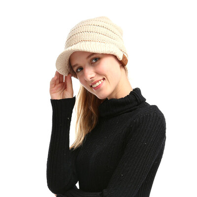 

Winter Women Girl Soft Warm Knitted Thicken Hat Ponytail Beanie Caps with Visor Outdoor Snow Ski Sports Cap
