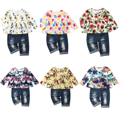 

2pcs Toddler Baby Girl Floral TopsHole Denim Pants Jeans Kids Winter Clothes