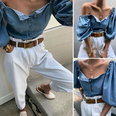 

Women Sexy Off Shoulder 34 Sleeve Tops Ladies Blue Denim Blouse Loose Shirt