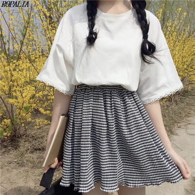 

Womens Sweet Round Neck Solid Short Sleeve Lace T Shirt Striped Skirt Two-Piece Set