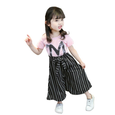 

Fashion Baby Girl Clothes Set Letter Print Short Sleeve T-shirtStripe Wide Leg Casual Long Pants