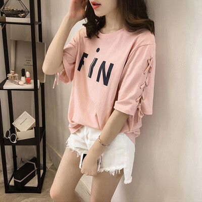 

Women Summer Lace Up T-Shirt O-Neck Print Casual Top Half Sleeves Basic Female T-shirt -5XL