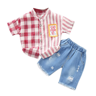 

Kids Boys Set Summer Plaid Striped Print Short Sleeve Tops Blouse T-shirtShorts Casual Outfits Sets