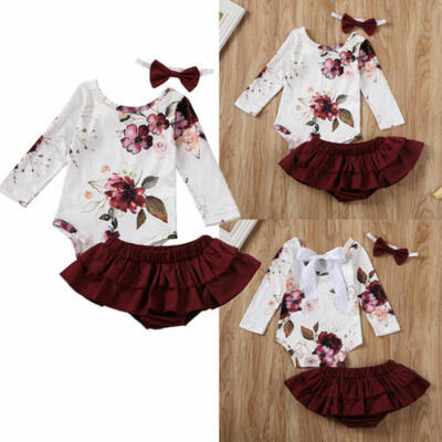 

UK Newborn Baby Girl Kids Flower Bodysuit Top Ruffle Shorts Headband Clothes