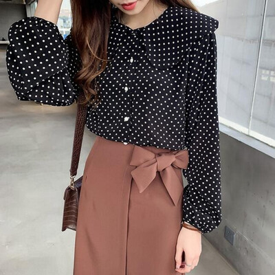 

Blouse Women Elegant Long Sleeve Shirts Top Cartoon Dot Print Vintage Blouses Doll Collar Single-breasted Loose Women Clothing