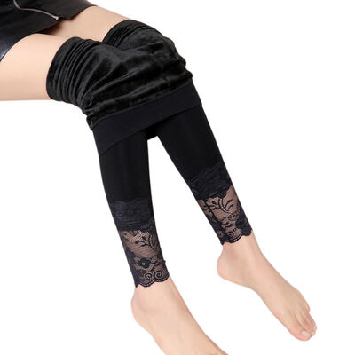 

Women Lace stitching Solid Color Pants High Stretch Plus Velvet Leggings Pantyhose Autumn Winter Black lingerie clothes