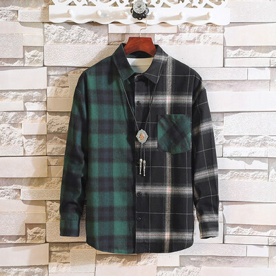 

Toponeto Men Casual Autumn&Winter Plaid Printed Long Sleeve Shirt Patchwork Loose Blouse