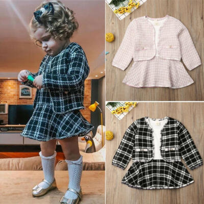 

US Baby Kids Girl Long Sleeve Tutu Dress Plaid Coat Party Clothes Outfit Set