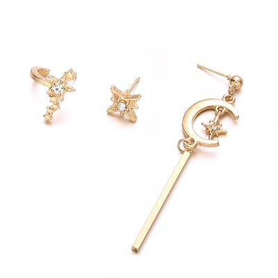 

Women Crystal Star Moon Dangle Drop Ear Cuff Clip Stud Earrings Set Jewelry