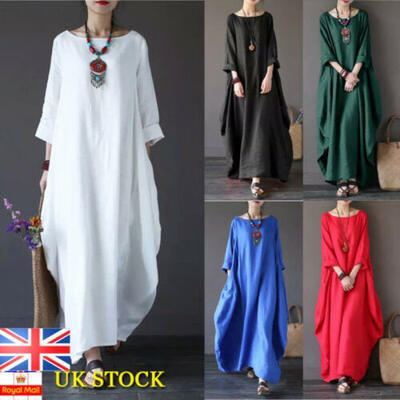 

UK Plus Size Womens Long Sleeve Cotton Linen Long Maxi Dress Ladies Baggy Kaftan