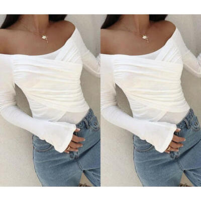 

Fashion Women V neck Off Shoulder Crop Top T-Shirt Lady Long Sleeve Sexy Blouse